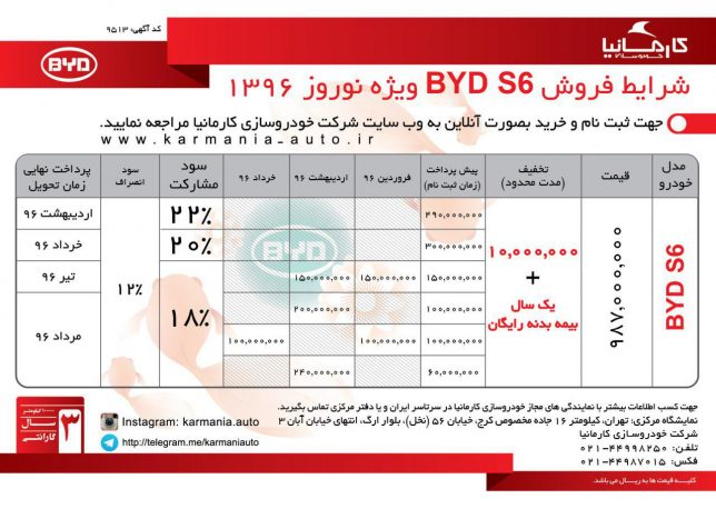 شرایط فروش BYD S6 ویژه نوروز ۱۳۹۶ خودروسازی کارمانیا اعلام شد.