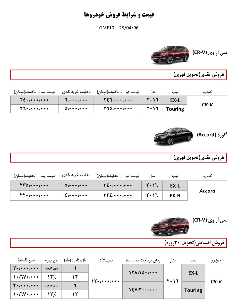  اطلاعیه فروش طرح های مختلف محصولات هوندا در ایران 