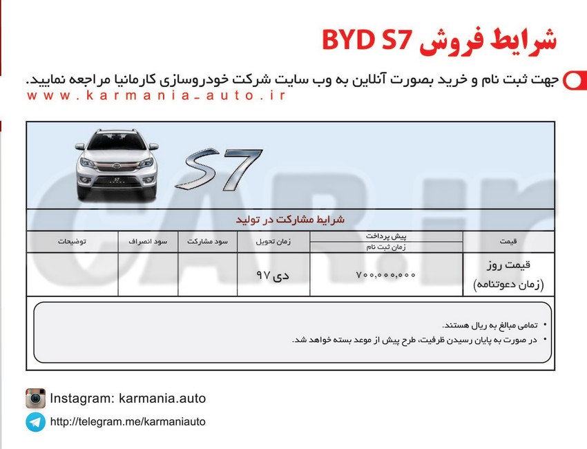  اعلام شرایط فروش ویژه خودروی جدید BYD S7 