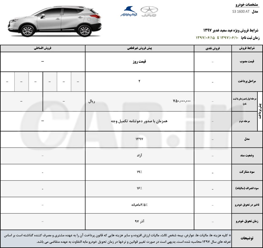 شرایط فروش محصولات کرمان موتور ویژه عید سعید غدیر    
ویژه خودرو های جک s3 , s5 , j4